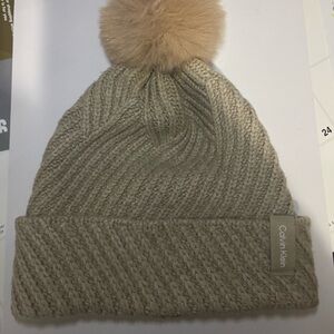Calvin Klein Knit Hat with Faux Fur PomPom Beige